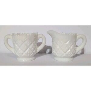 Vintage Westmoreland Old Quilt Pattern Milk Glass Cream And Sugar